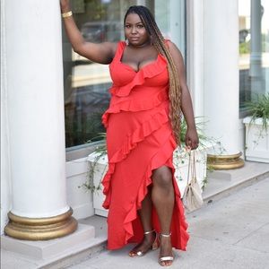 Plus Red Satin Frill Layered Midiaxi Dress